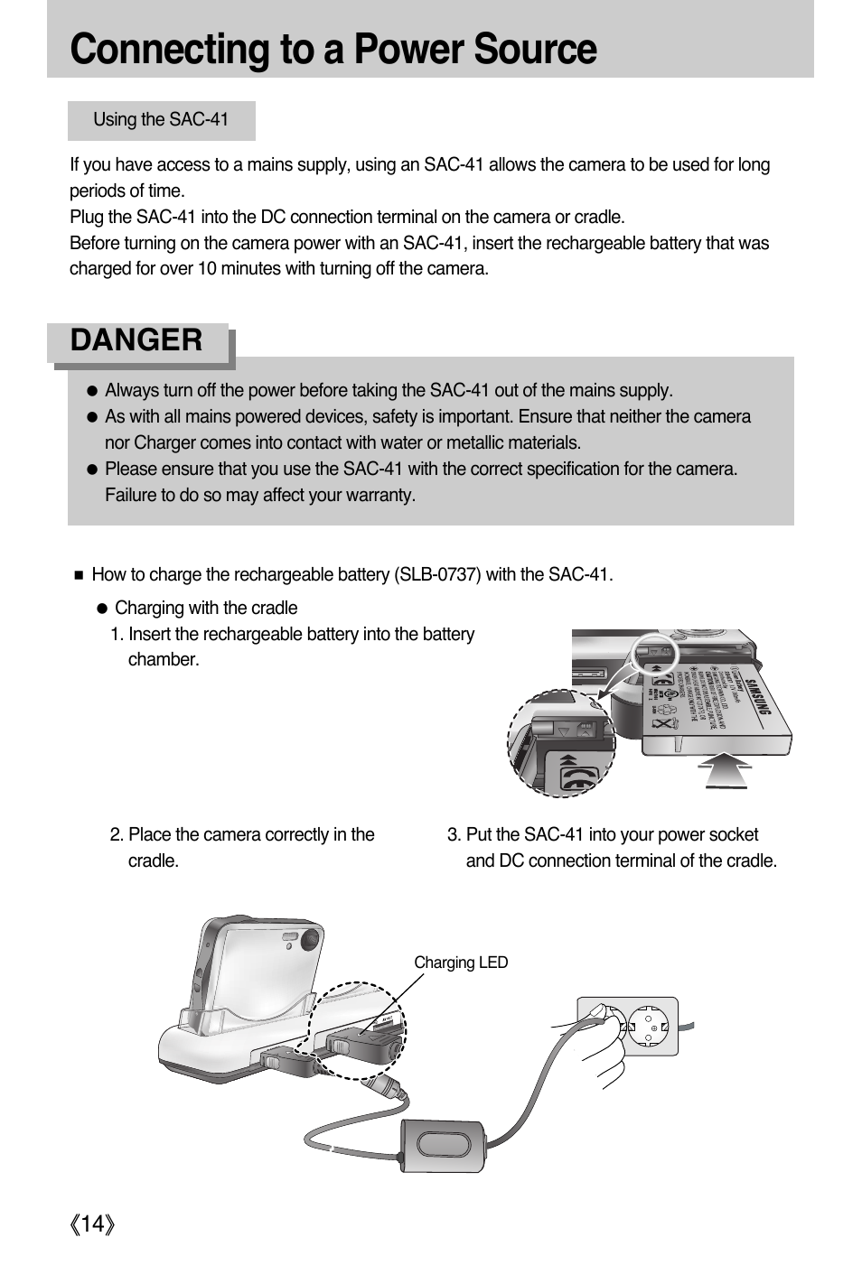 Connecting to a power source, Danger | Samsung DIGIMAX i50 User Manual | Page 14 / 156