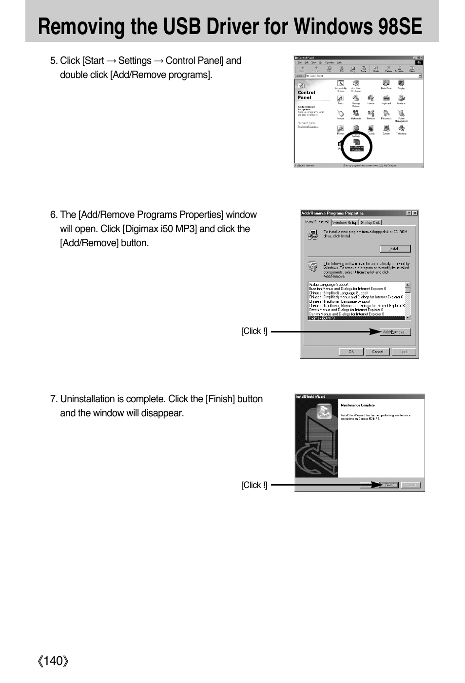 Removing the usb driver for windows 98se | Samsung DIGIMAX i50 User Manual | Page 140 / 156