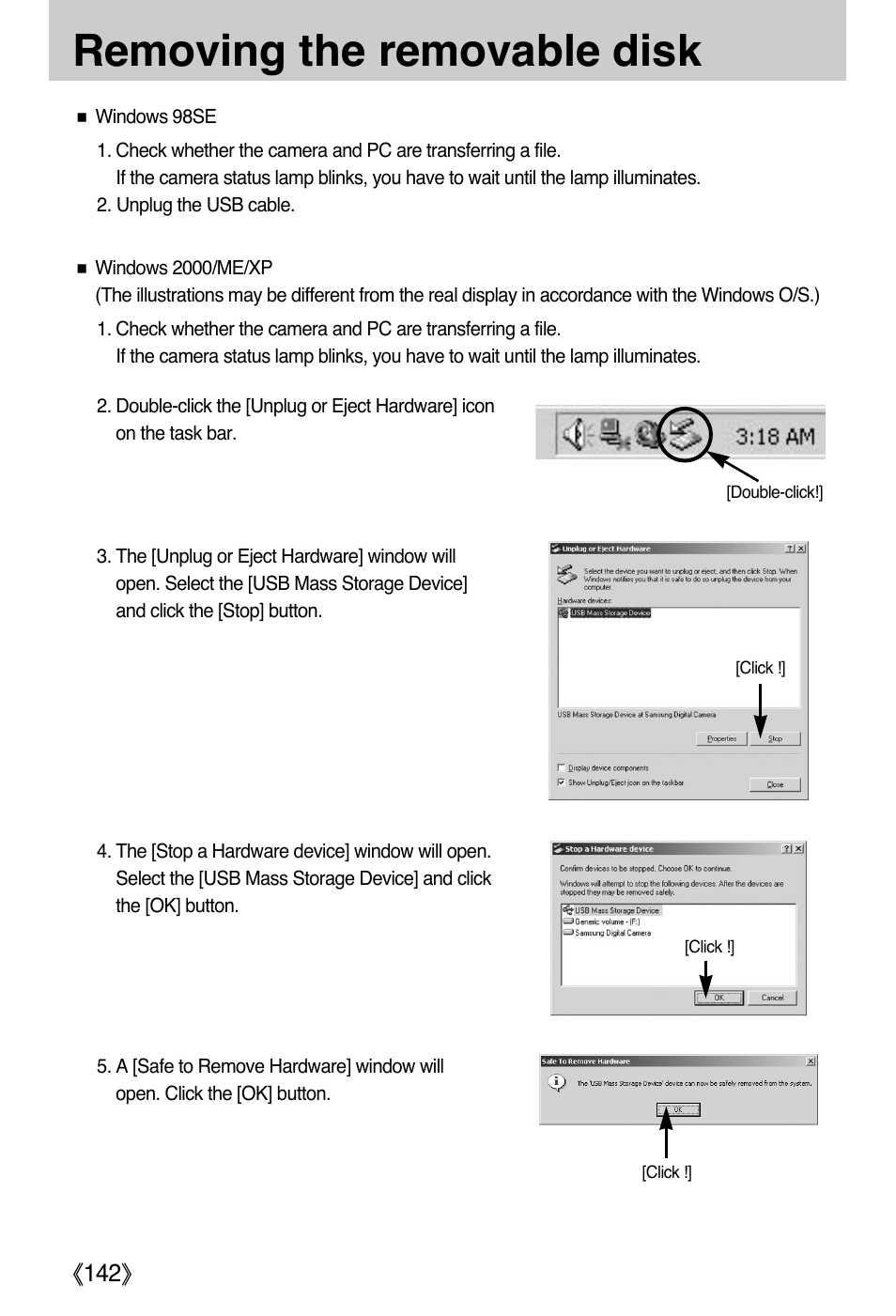 Removing the removable disk | Samsung DIGIMAX i50 User Manual | Page 142 / 156