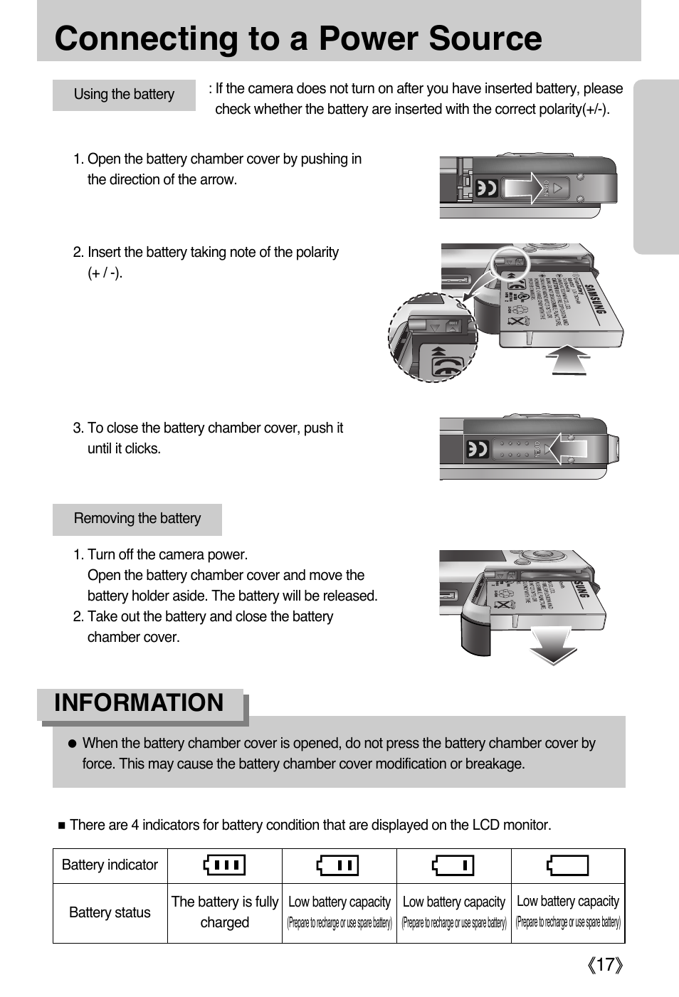 Connecting to a power source, Information | Samsung DIGIMAX i50 User Manual | Page 17 / 156