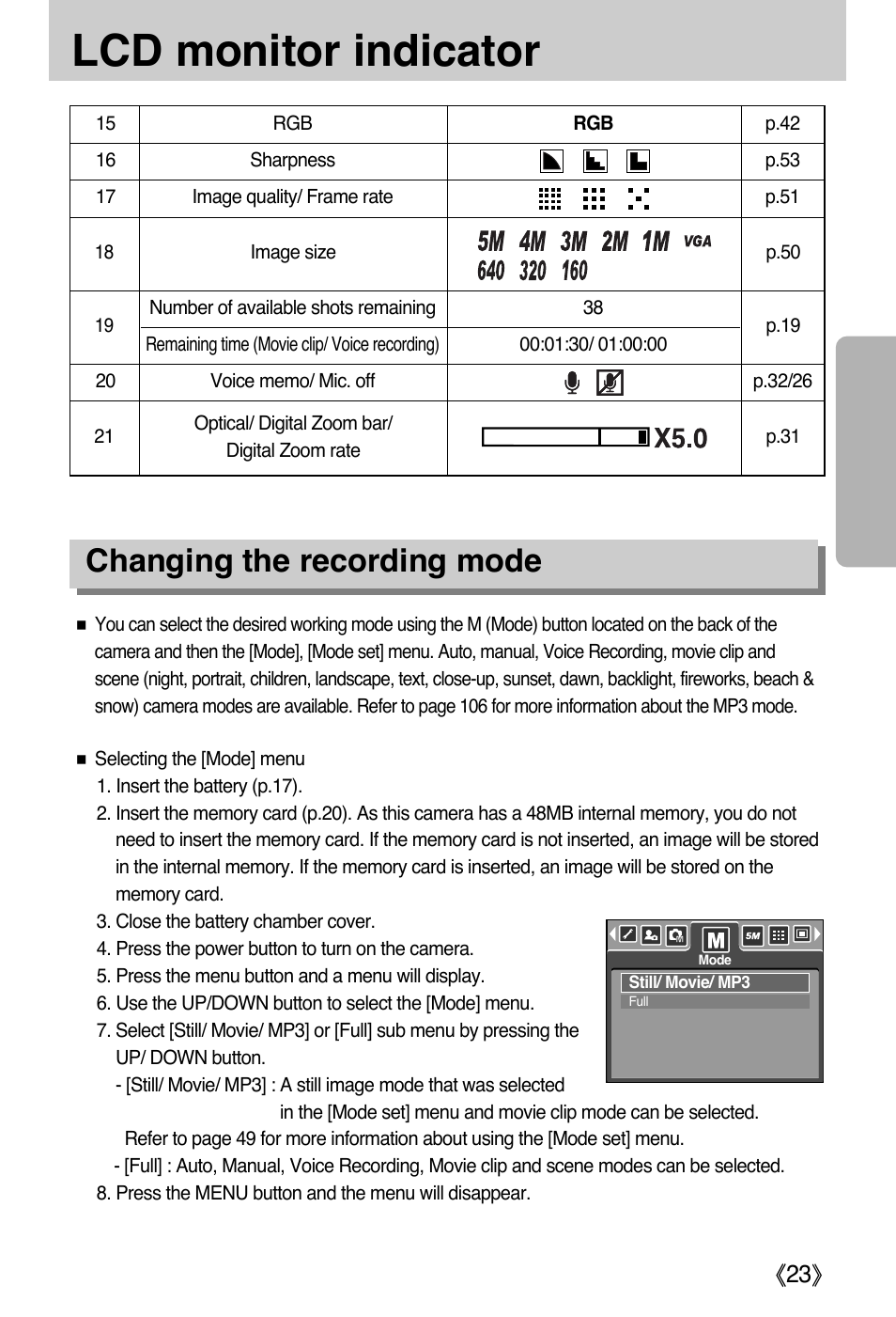 Lcd monitor indicator, Changing the recording mode | Samsung DIGIMAX i50 User Manual | Page 23 / 156