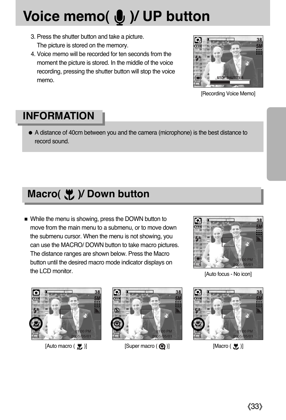 Information, Macro( )/ down button | Samsung DIGIMAX i50 User Manual | Page 33 / 156