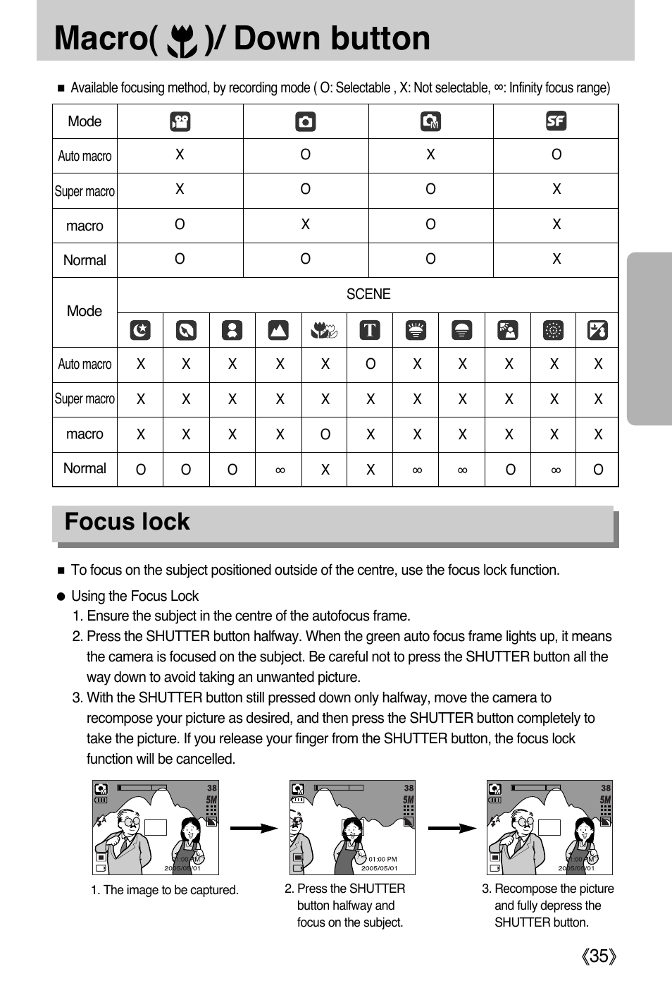 Macro( )/ down button, Focus lock | Samsung DIGIMAX i50 User Manual | Page 35 / 156