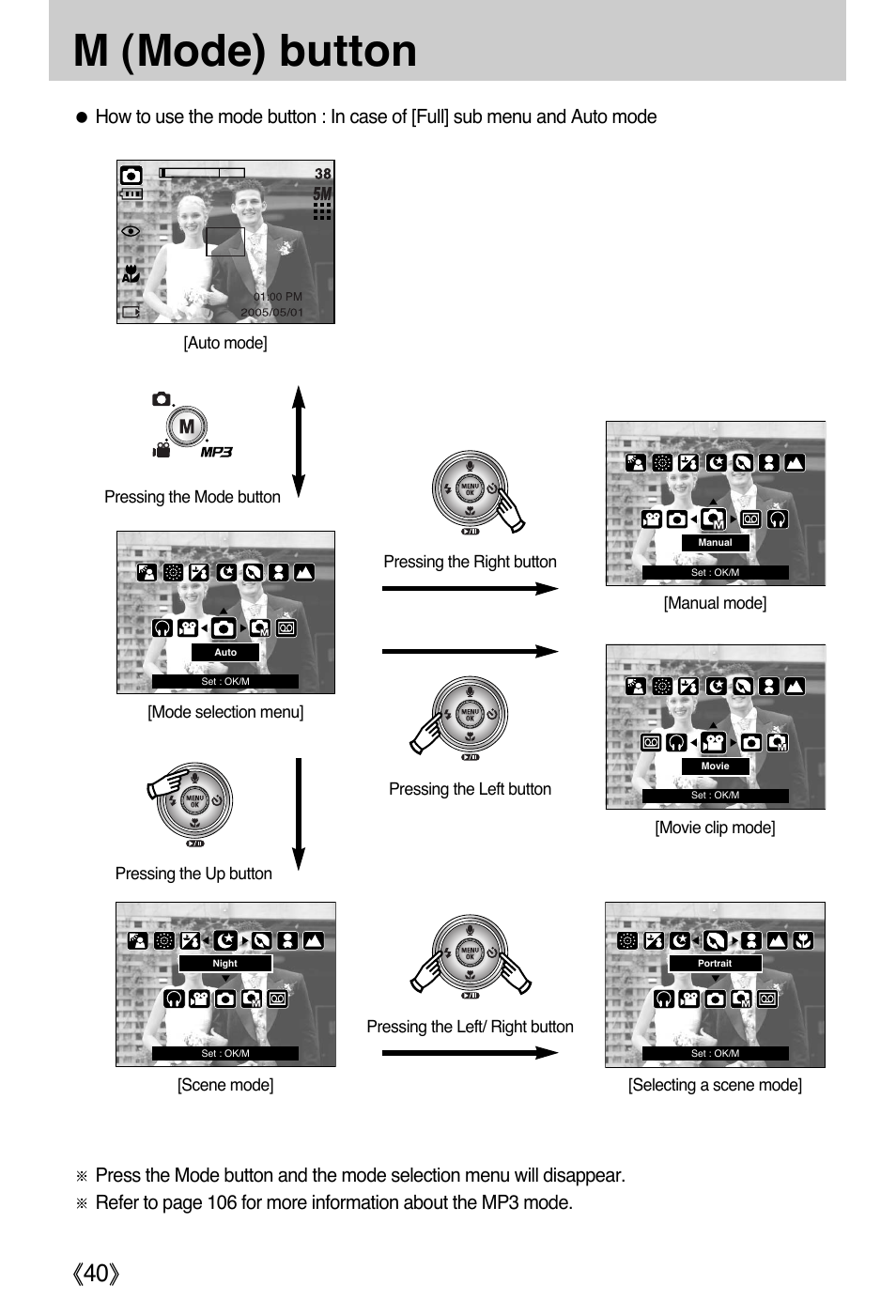 M (mode) button | Samsung DIGIMAX i50 User Manual | Page 40 / 156