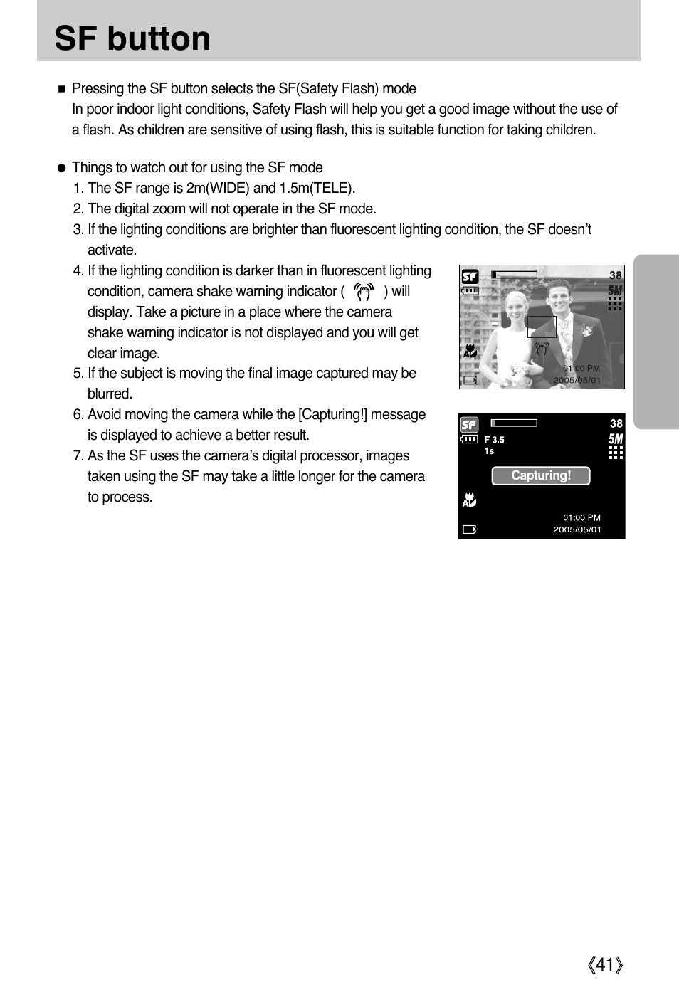 Sf button | Samsung DIGIMAX i50 User Manual | Page 41 / 156
