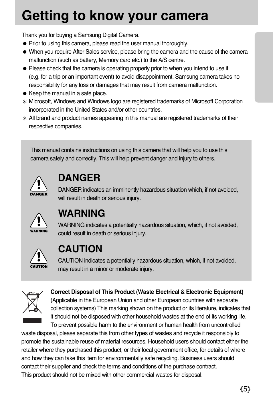 Getting to know your camera, Danger, Warning | Caution | Samsung DIGIMAX i50 User Manual | Page 5 / 156