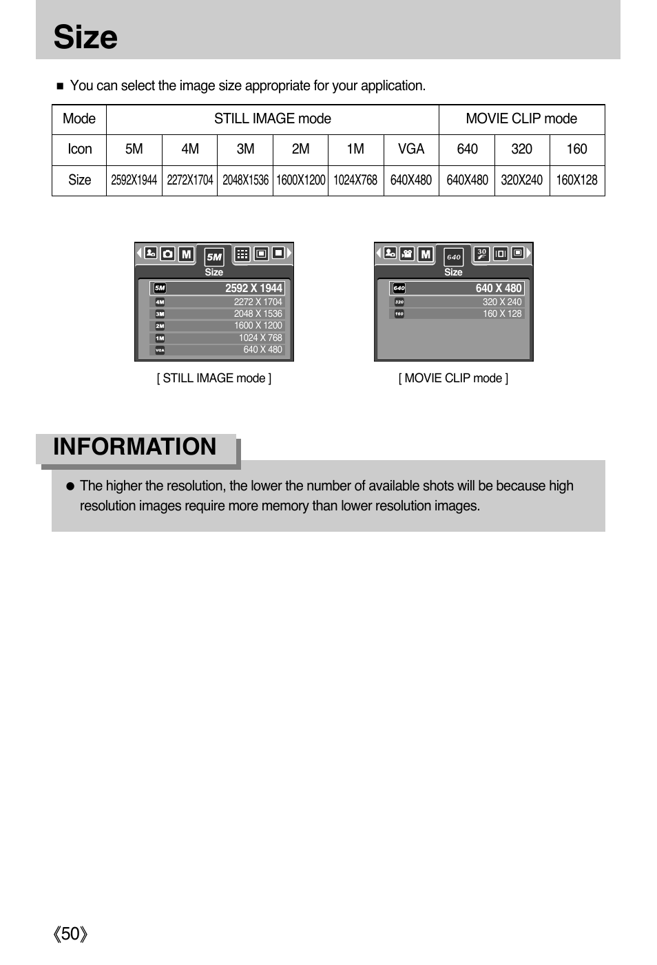 Size, Information | Samsung DIGIMAX i50 User Manual | Page 50 / 156