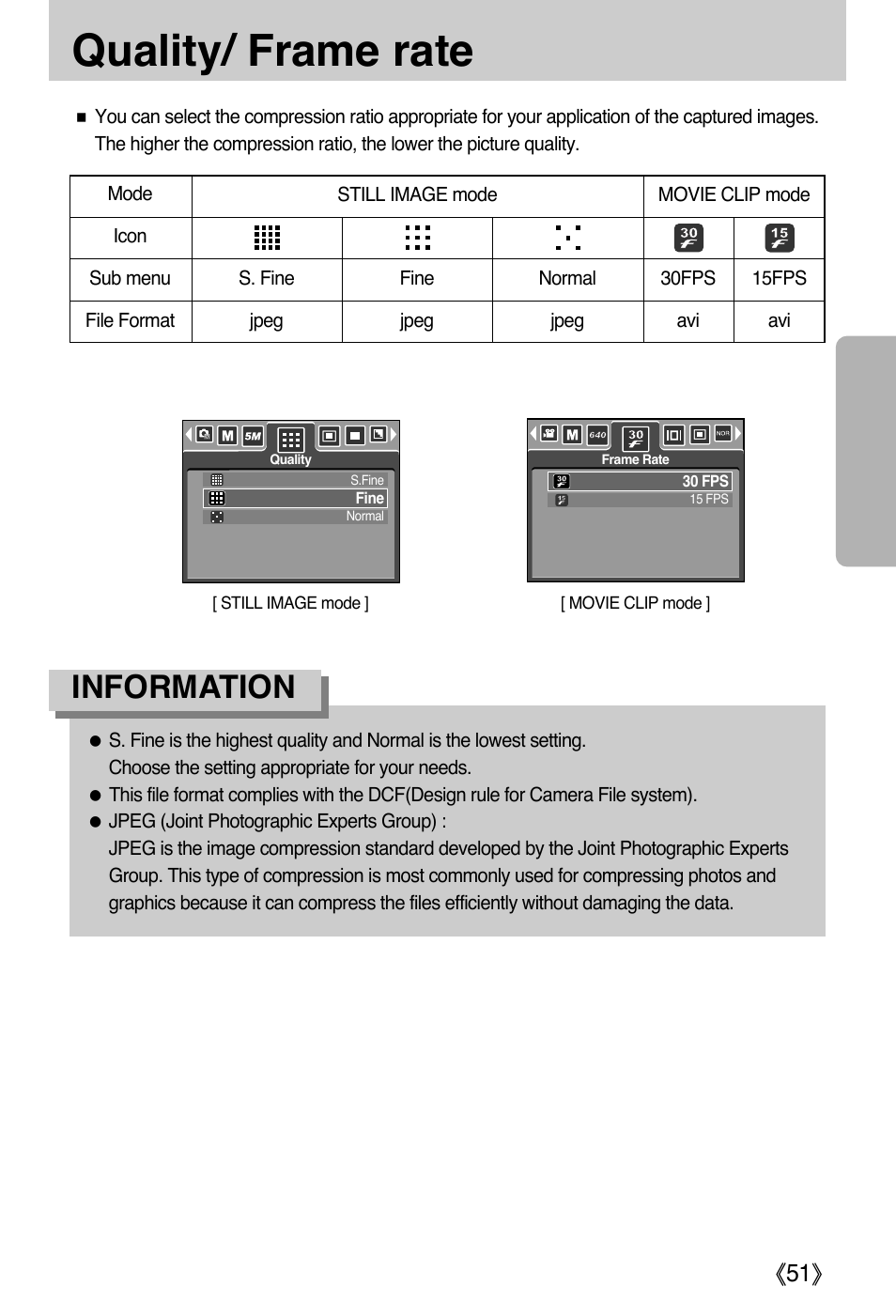 Quality/ frame rate, Information | Samsung DIGIMAX i50 User Manual | Page 51 / 156