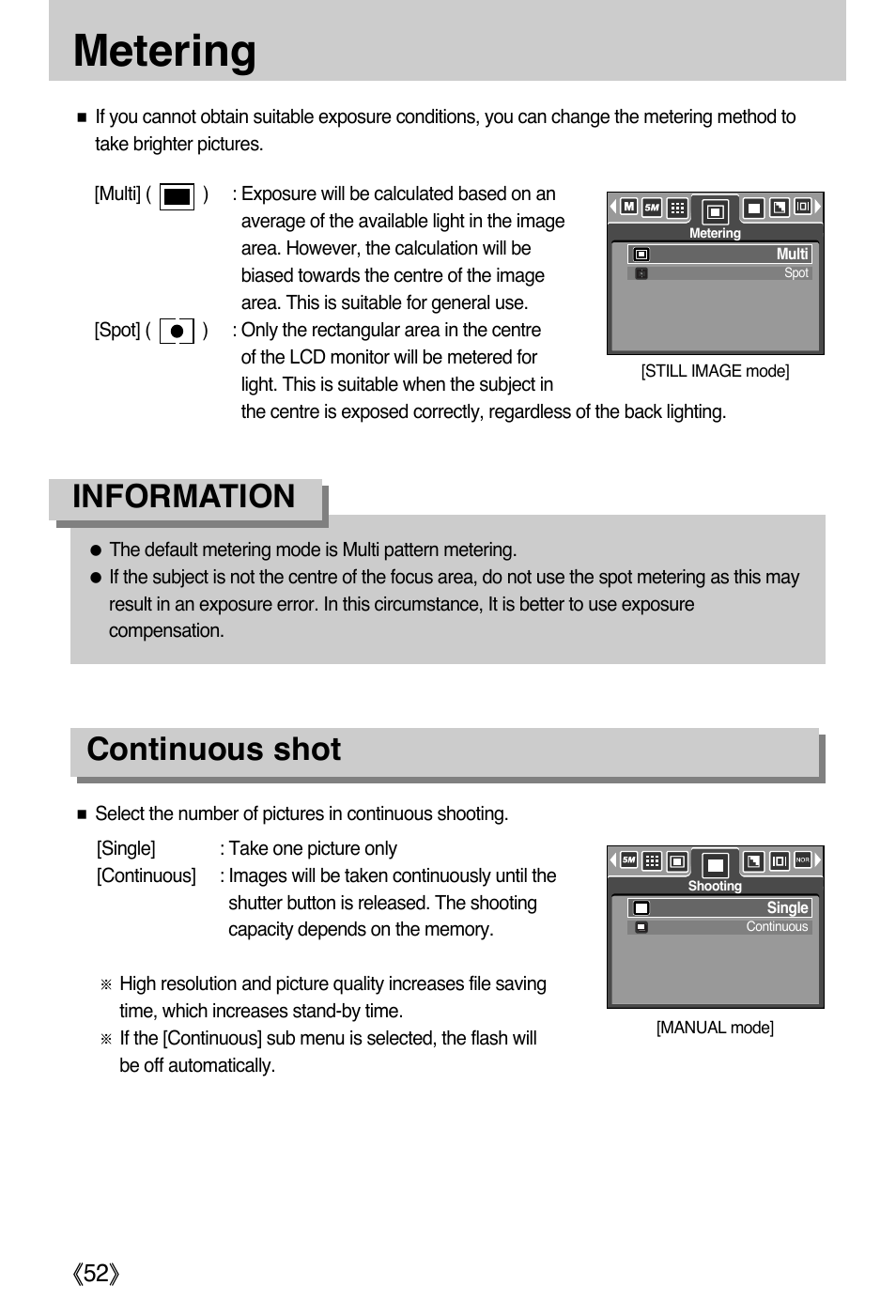 Metering, Information continuous shot | Samsung DIGIMAX i50 User Manual | Page 52 / 156