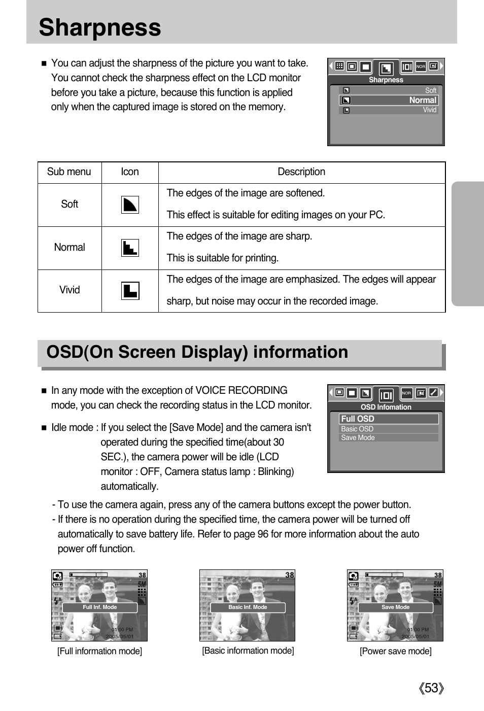 Sharpness, Osd(on screen display) information | Samsung DIGIMAX i50 User Manual | Page 53 / 156