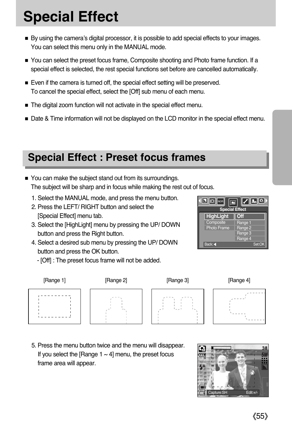 Special effect, Special effect : preset focus frames | Samsung DIGIMAX i50 User Manual | Page 55 / 156