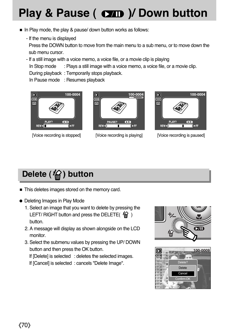 Play & pause ( )/ down button, Delete ( ) button | Samsung DIGIMAX i50 User Manual | Page 70 / 156