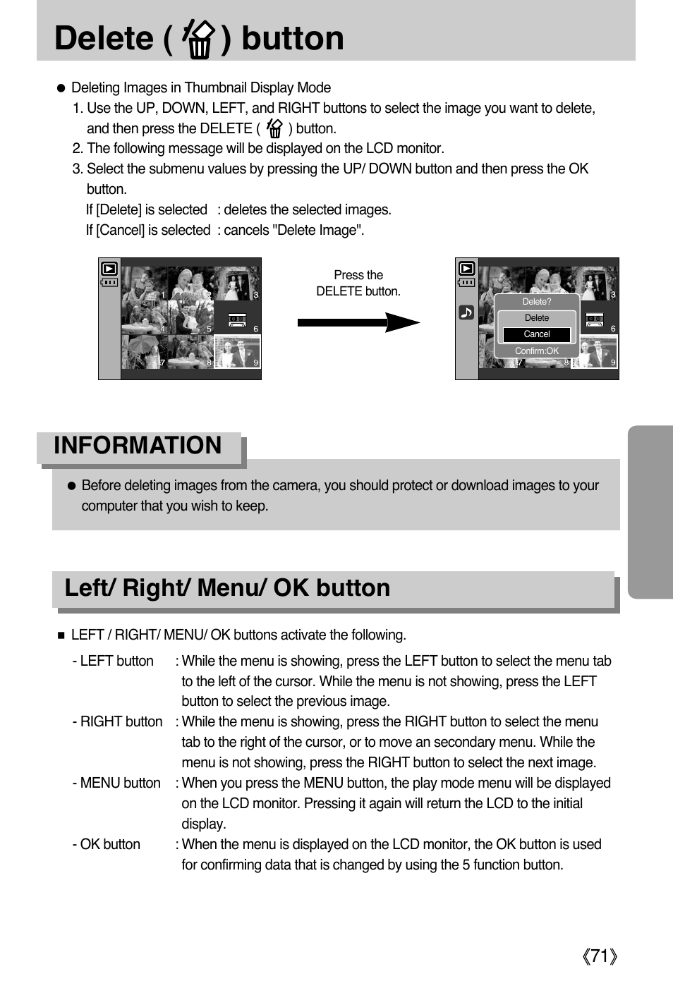 Delete ( ) button, Information, Left/ right/ menu/ ok button | Samsung DIGIMAX i50 User Manual | Page 71 / 156