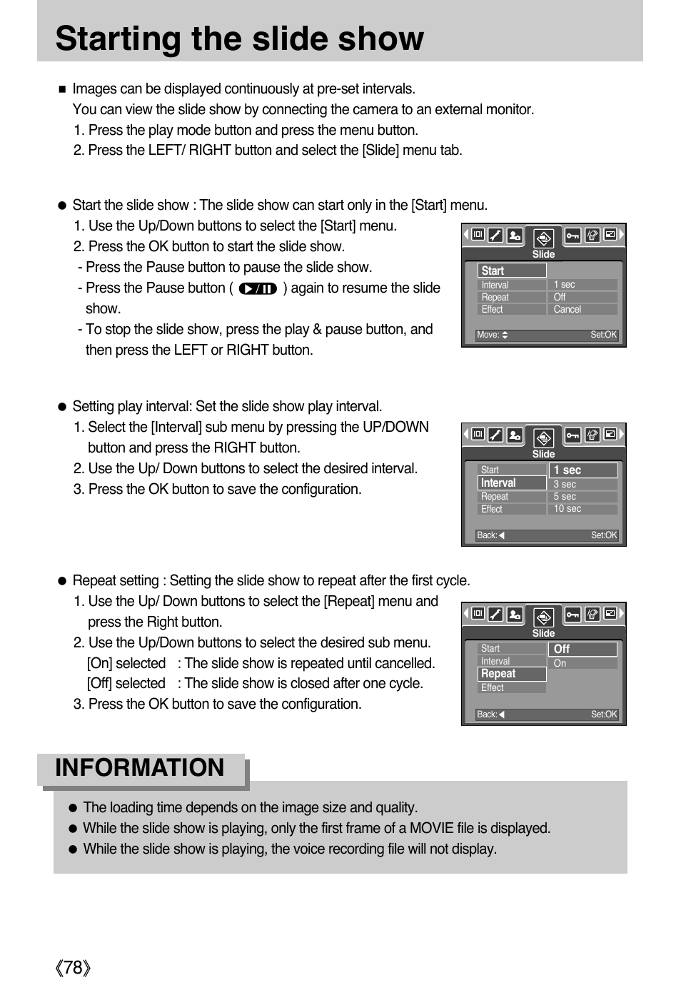 Starting the slide show, Information | Samsung DIGIMAX i50 User Manual | Page 78 / 156