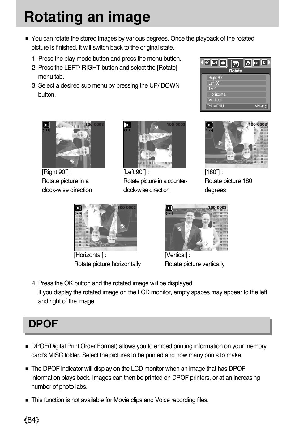 Rotating an image, Dpof | Samsung DIGIMAX i50 User Manual | Page 84 / 156