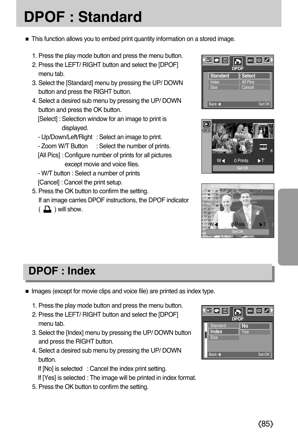 Dpof : standard, Dpof : index | Samsung DIGIMAX i50 User Manual | Page 85 / 156