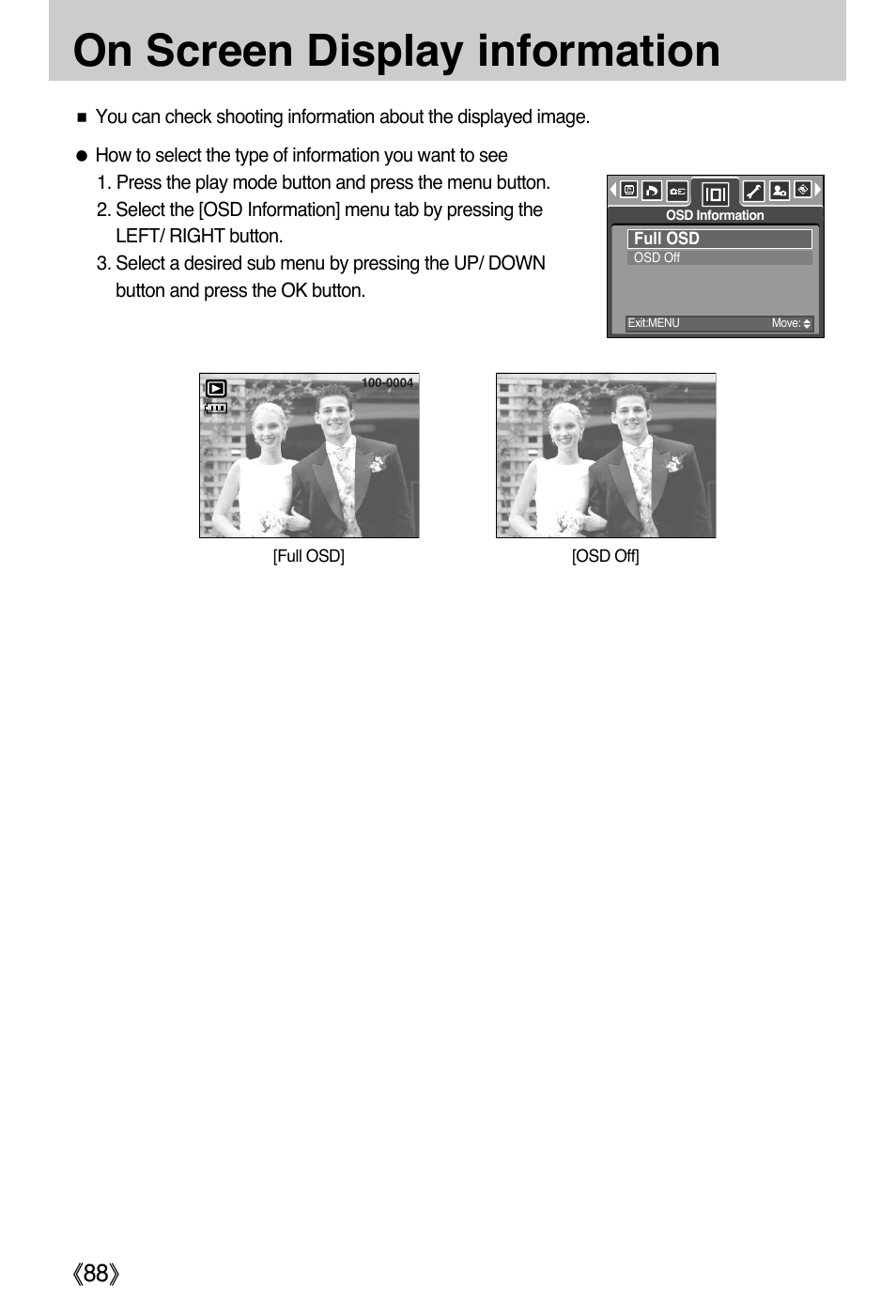 On screen display information | Samsung DIGIMAX i50 User Manual | Page 88 / 156