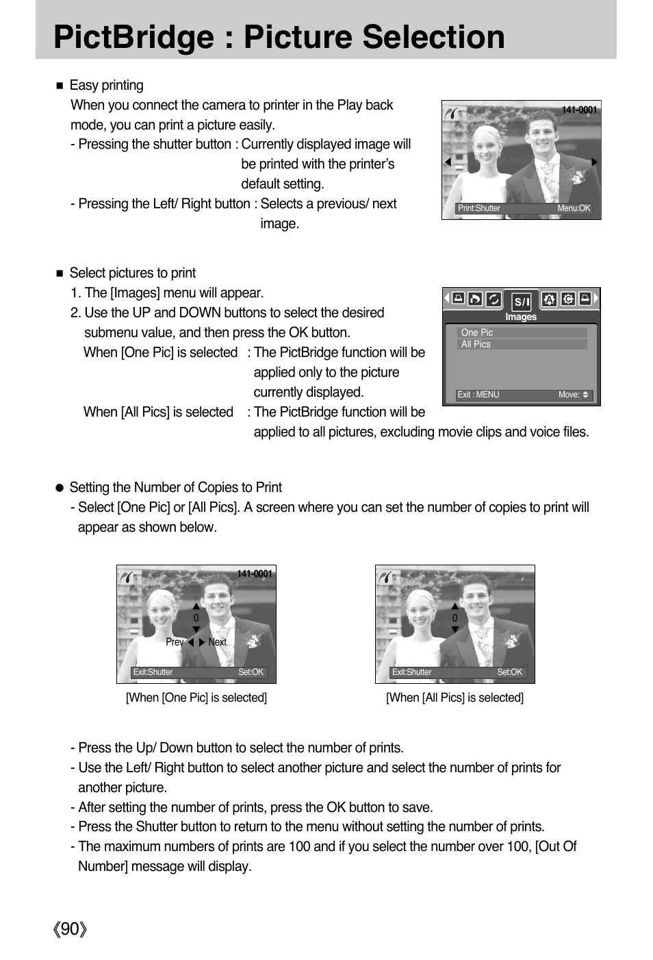 Pictbridge : picture selection | Samsung DIGIMAX i50 User Manual | Page 90 / 156
