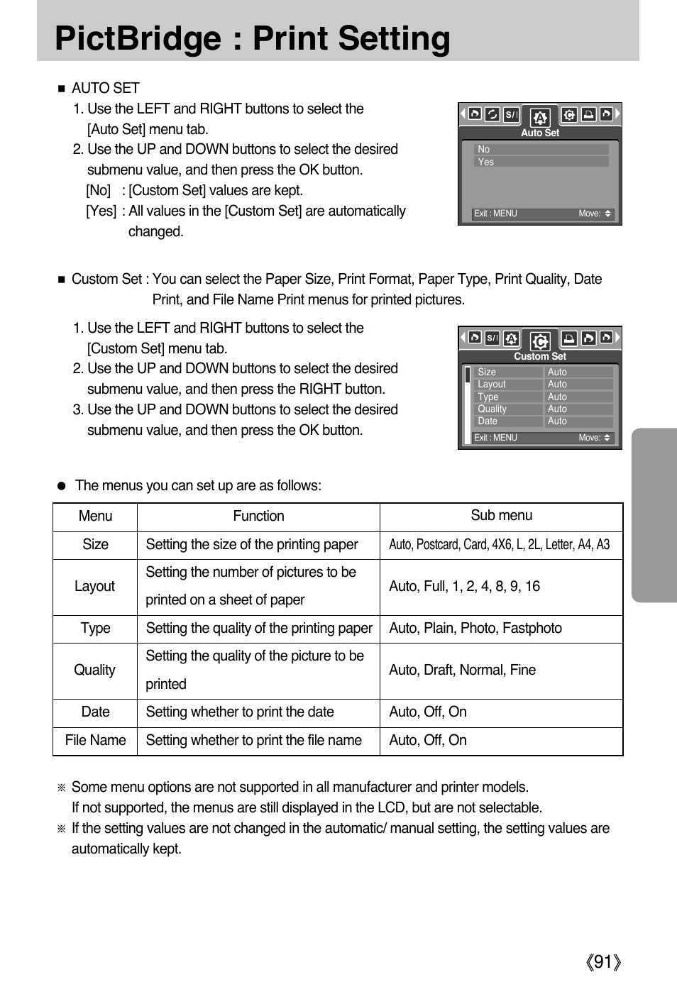 Pictbridge : print setting | Samsung DIGIMAX i50 User Manual | Page 91 / 156