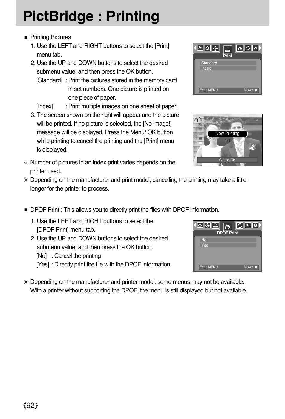 Pictbridge : printing | Samsung DIGIMAX i50 User Manual | Page 92 / 156