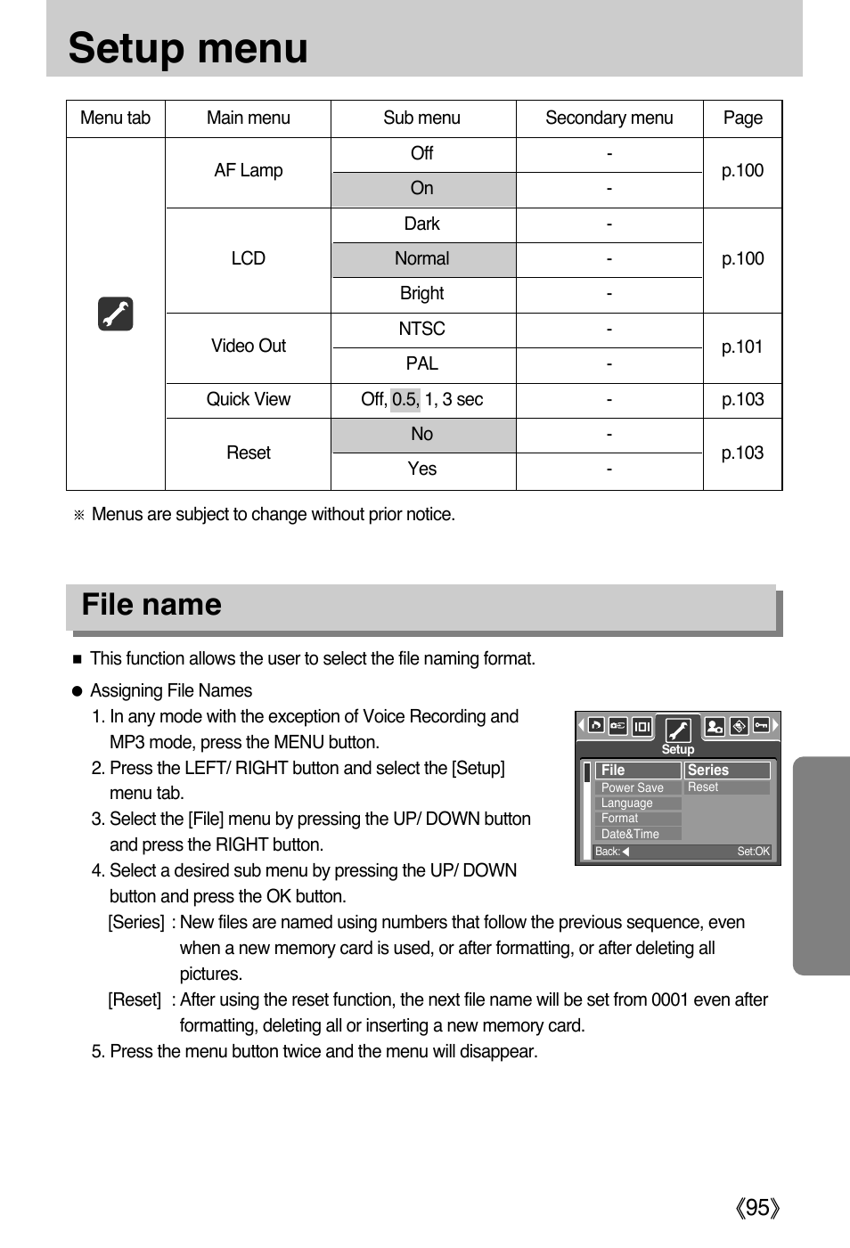 Setup menu, File name | Samsung DIGIMAX i50 User Manual | Page 95 / 156