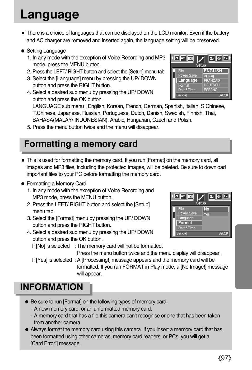 Language, Information | Samsung DIGIMAX i50 User Manual | Page 97 / 156