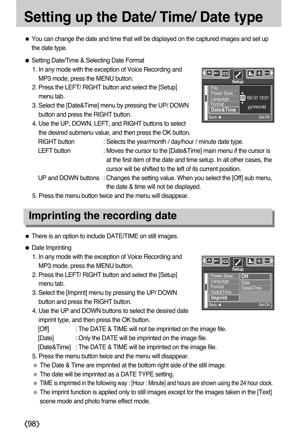 Setting up the date/ time/ date type, Imprinting the recording date | Samsung DIGIMAX i50 User Manual | Page 98 / 156