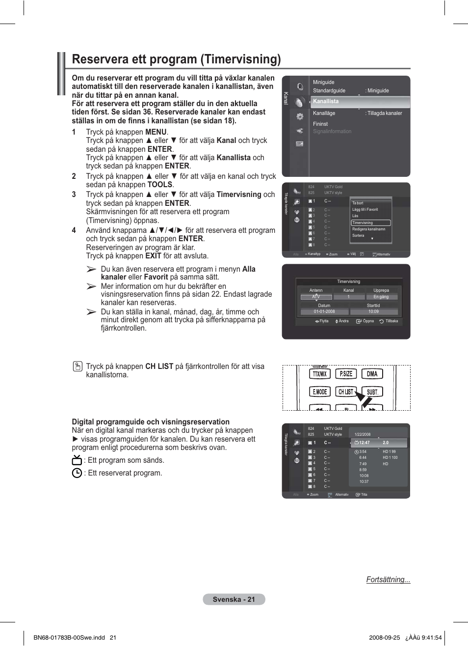 Reservera ett program (timervisning), Svenska - 21 | Samsung BN68-01783B-00 User Manual | Page 101 / 389