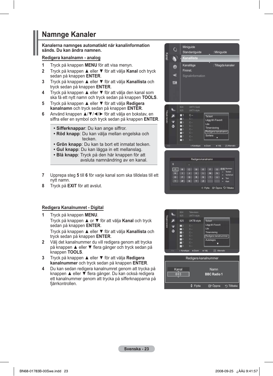 Namnge kanaler, Svenska - 23 | Samsung BN68-01783B-00 User Manual | Page 103 / 389
