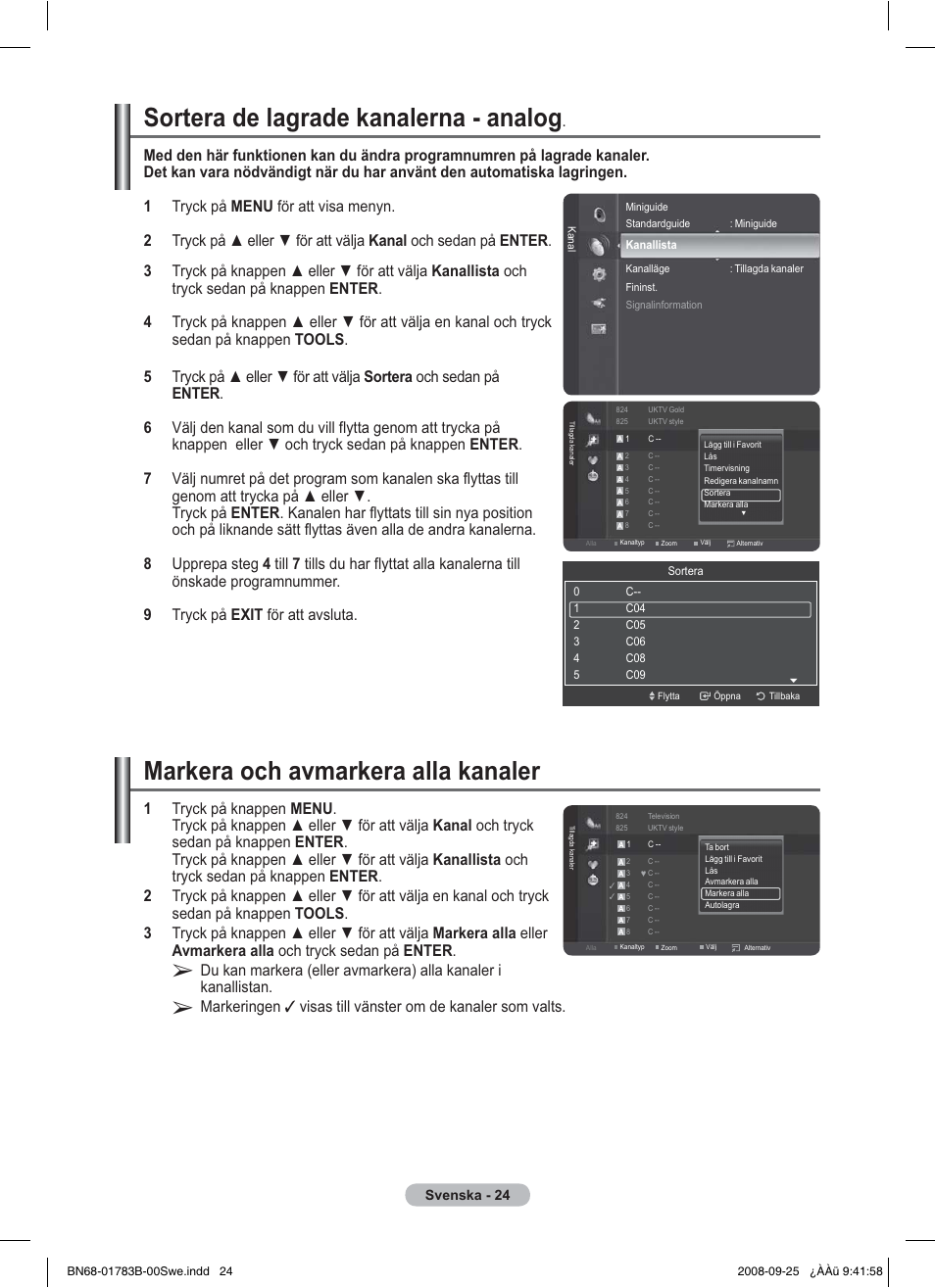 Sortera de lagrade kanalerna - analog, Markera och avmarkera alla kanaler, Kanallistan | Samsung BN68-01783B-00 User Manual | Page 104 / 389