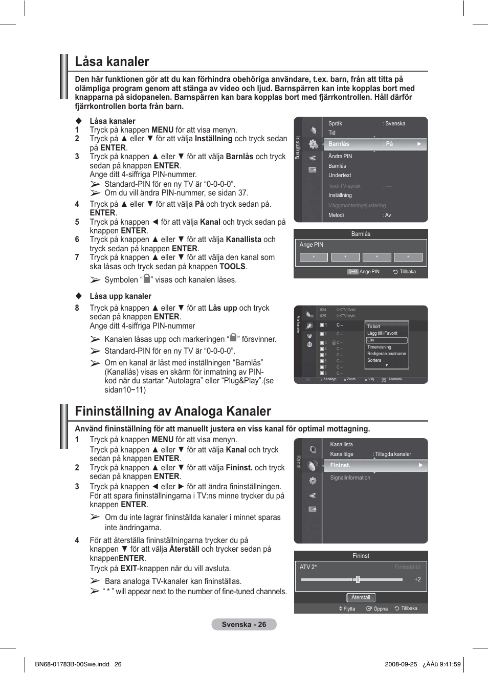 Låsa kanaler, Fininställning av analoga kanaler | Samsung BN68-01783B-00 User Manual | Page 106 / 389