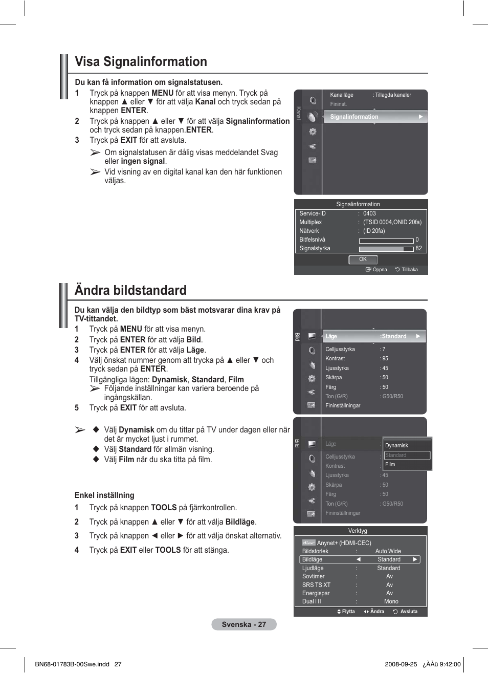 Visa signalinformation, Ändra bildstandard | Samsung BN68-01783B-00 User Manual | Page 107 / 389