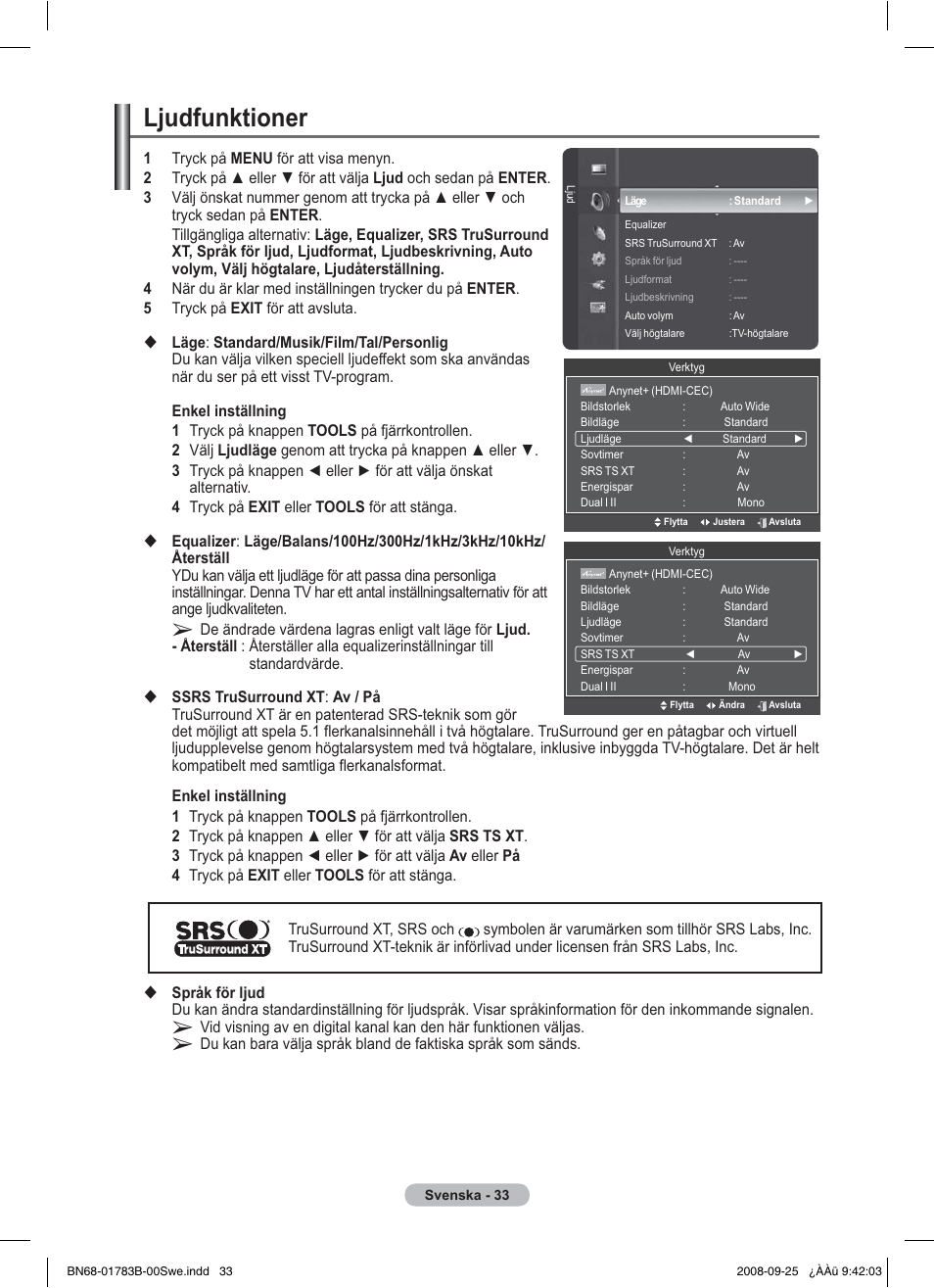 Ljudfunktioner | Samsung BN68-01783B-00 User Manual | Page 113 / 389
