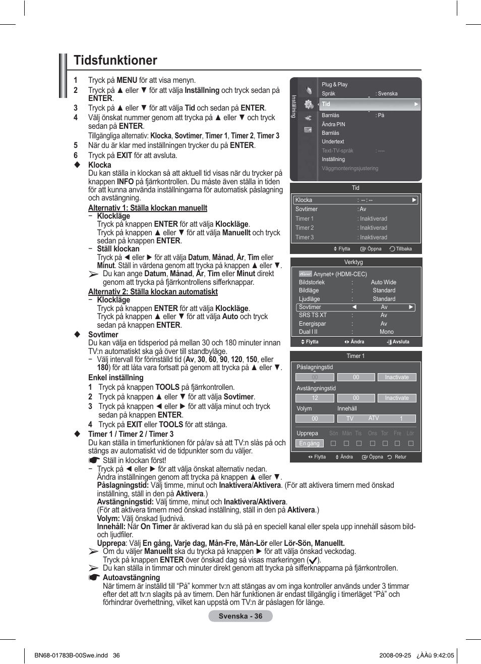 Tidsfunktioner | Samsung BN68-01783B-00 User Manual | Page 116 / 389