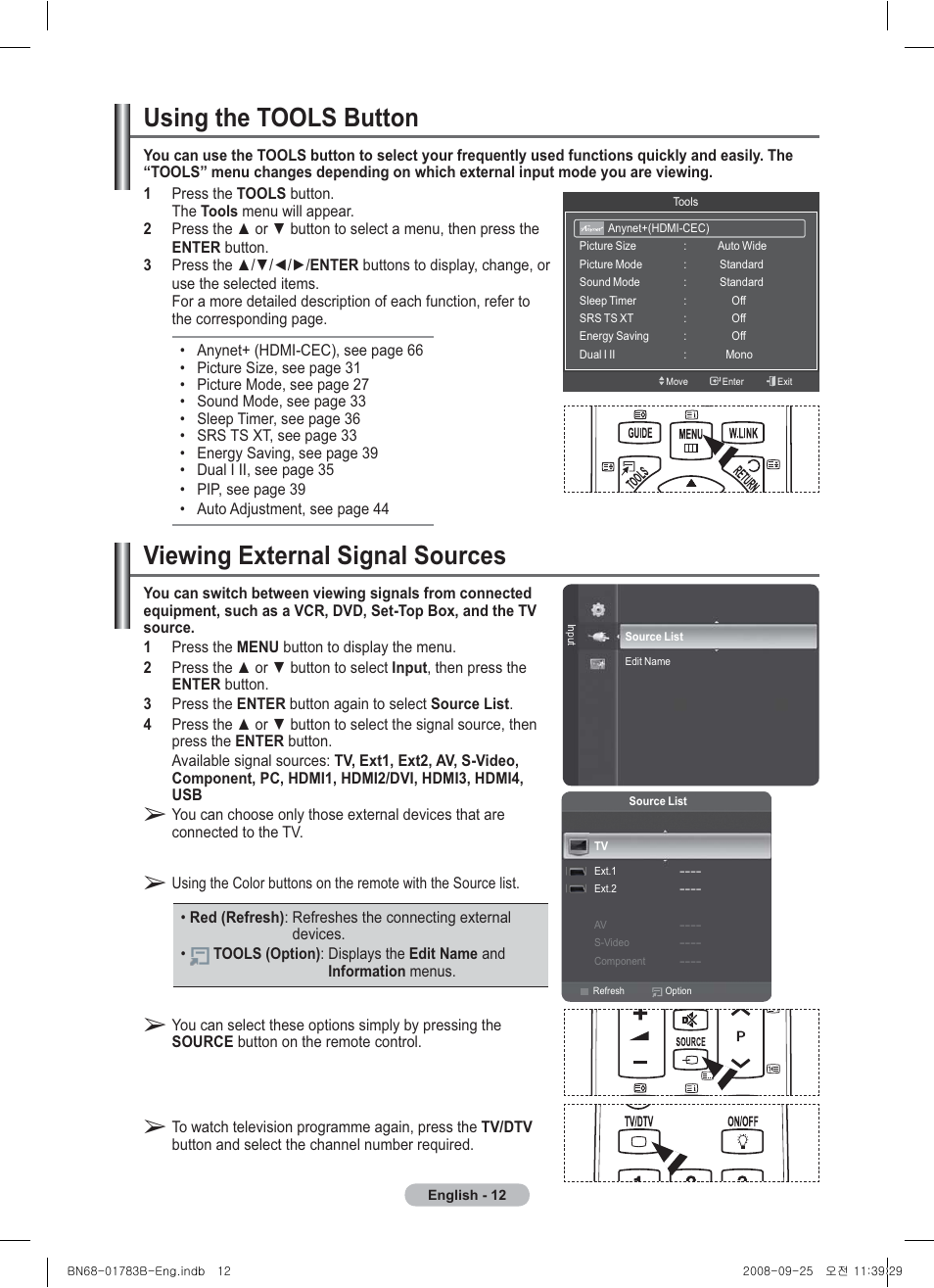 Using the tools button, Viewing external signal sources | Samsung BN68-01783B-00 User Manual | Page 12 / 389