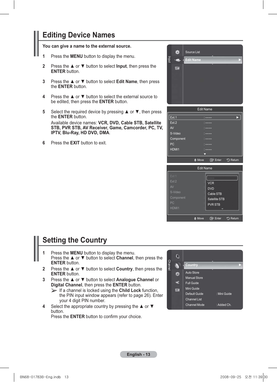 Editing device names, Setting the country | Samsung BN68-01783B-00 User Manual | Page 13 / 389