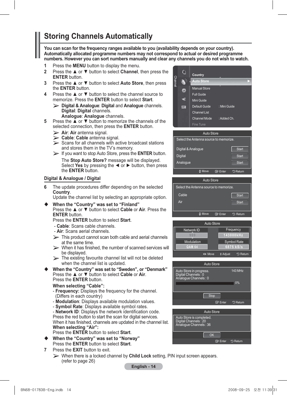 Storing channels automatically | Samsung BN68-01783B-00 User Manual | Page 14 / 389
