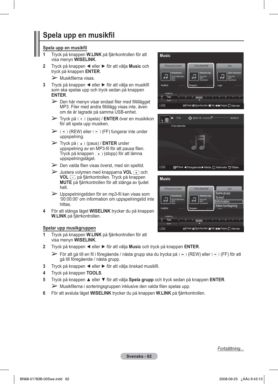 Spela upp en musikfil, Rew) eller (ff) fungerar inte under uppspelning, Den valda filen visas överst, med sin speltid | Samsung BN68-01783B-00 User Manual | Page 142 / 389