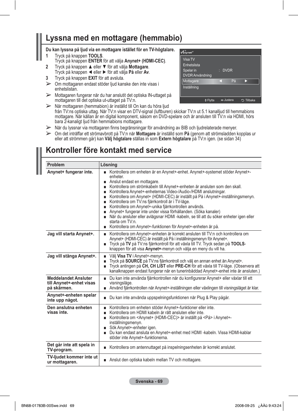 Kontroller före kontakt med service, Lyssna med en mottagare (hemmabio) | Samsung BN68-01783B-00 User Manual | Page 149 / 389