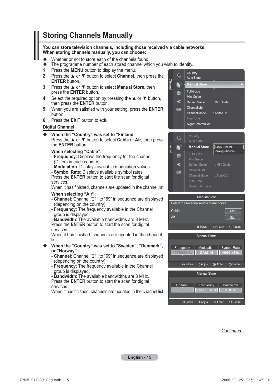 Storing channels manually | Samsung BN68-01783B-00 User Manual | Page 15 / 389