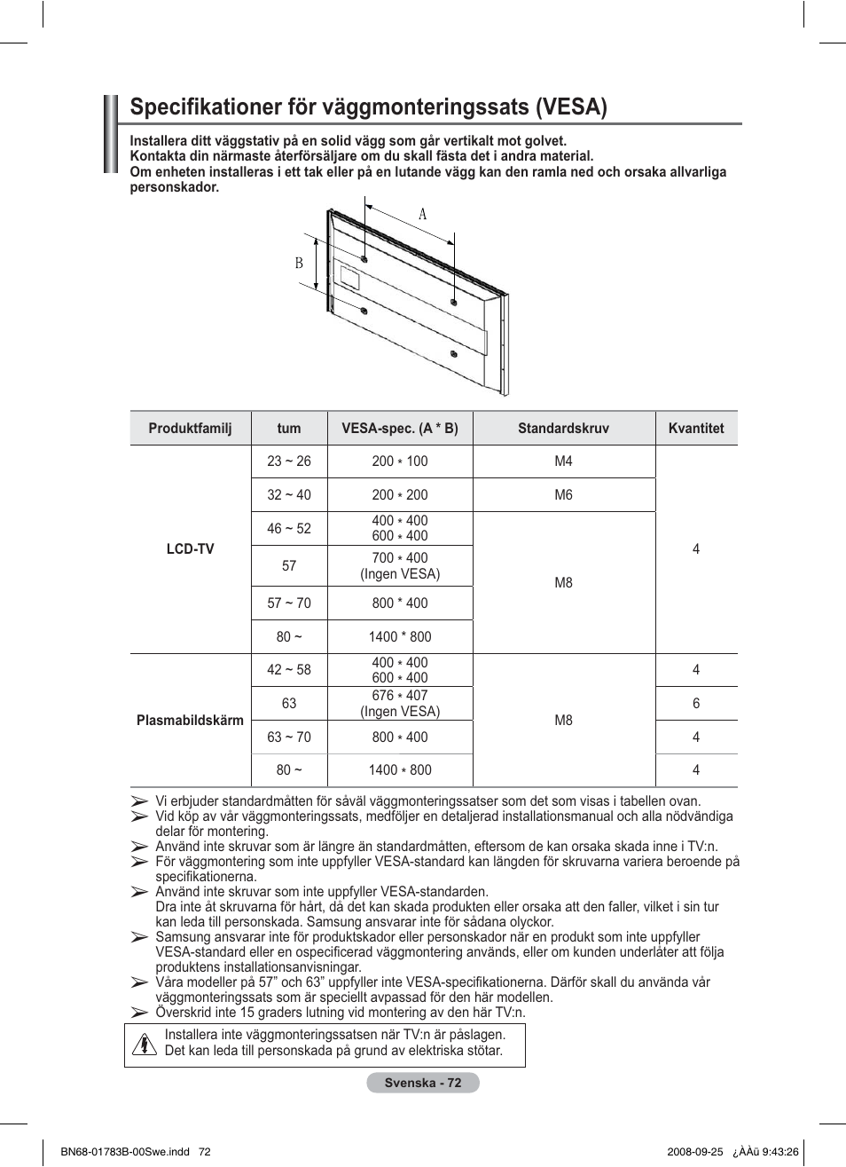 Specifikationer för väggmonteringssats (vesa) | Samsung BN68-01783B-00 User Manual | Page 152 / 389