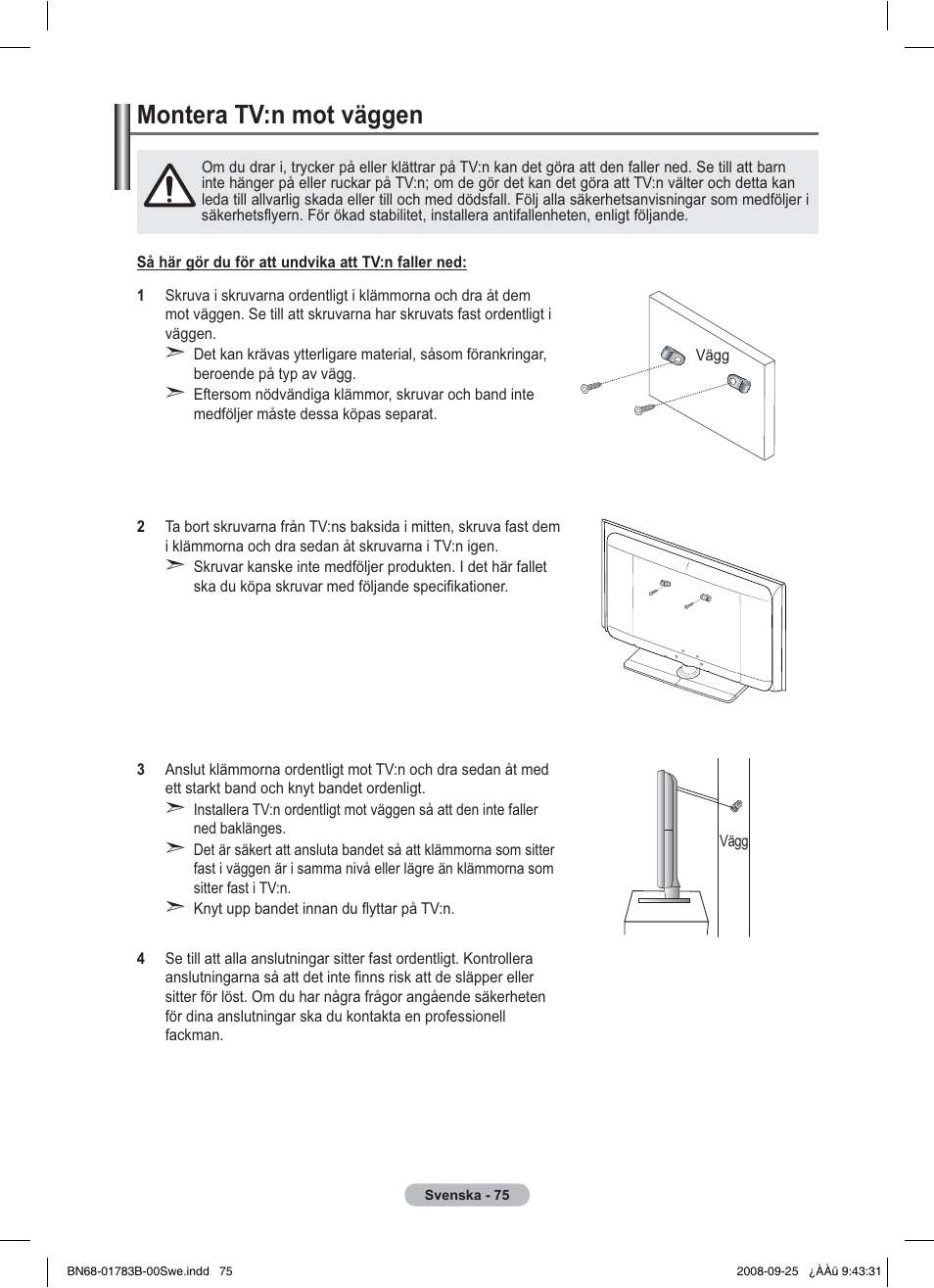 Montera tv:n mot väggen | Samsung BN68-01783B-00 User Manual | Page 155 / 389