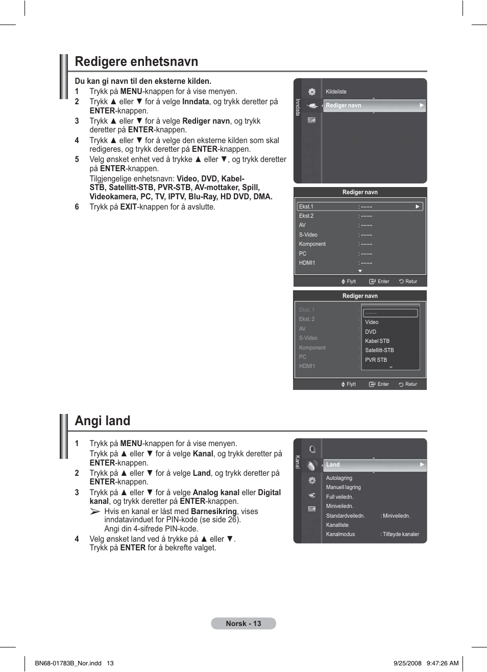 Redigere enhetsnavn, Angi land | Samsung BN68-01783B-00 User Manual | Page 170 / 389