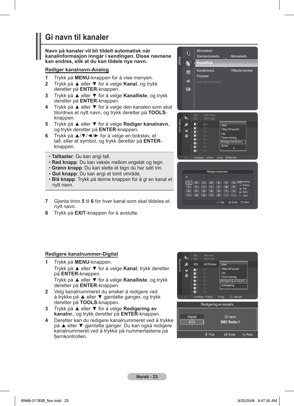 Gi navn til kanaler, Norsk - 23 | Samsung BN68-01783B-00 User Manual | Page 180 / 389