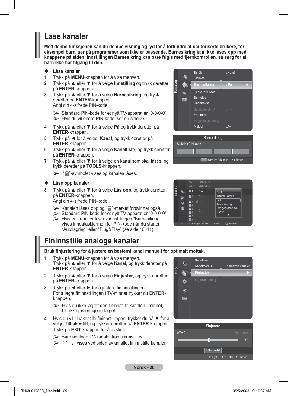 Låse kanaler, Fininnstille analoge kanaler | Samsung BN68-01783B-00 User Manual | Page 183 / 389