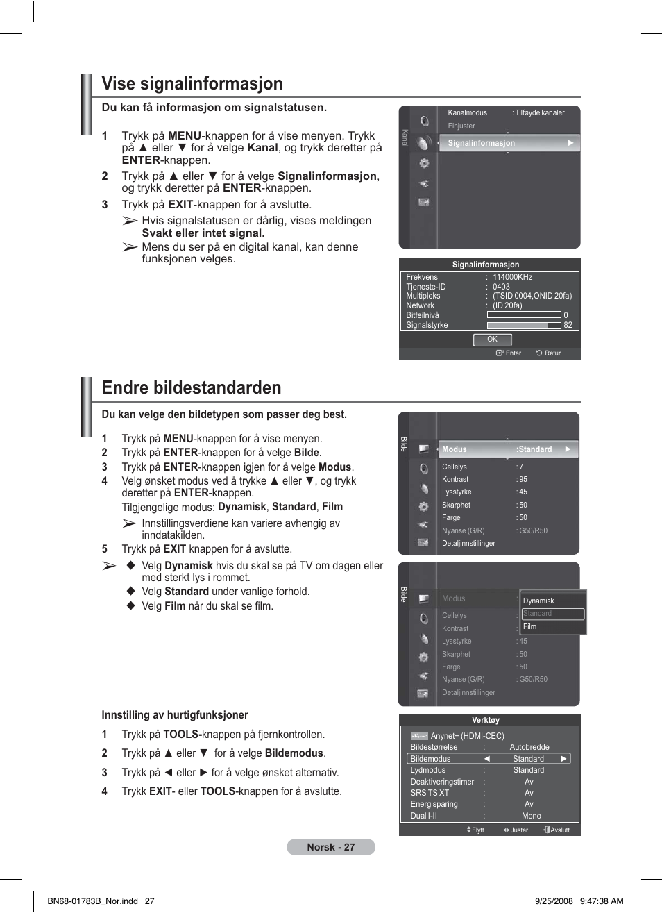 Vise signalinformasjon, Endre bildestandarden | Samsung BN68-01783B-00 User Manual | Page 184 / 389