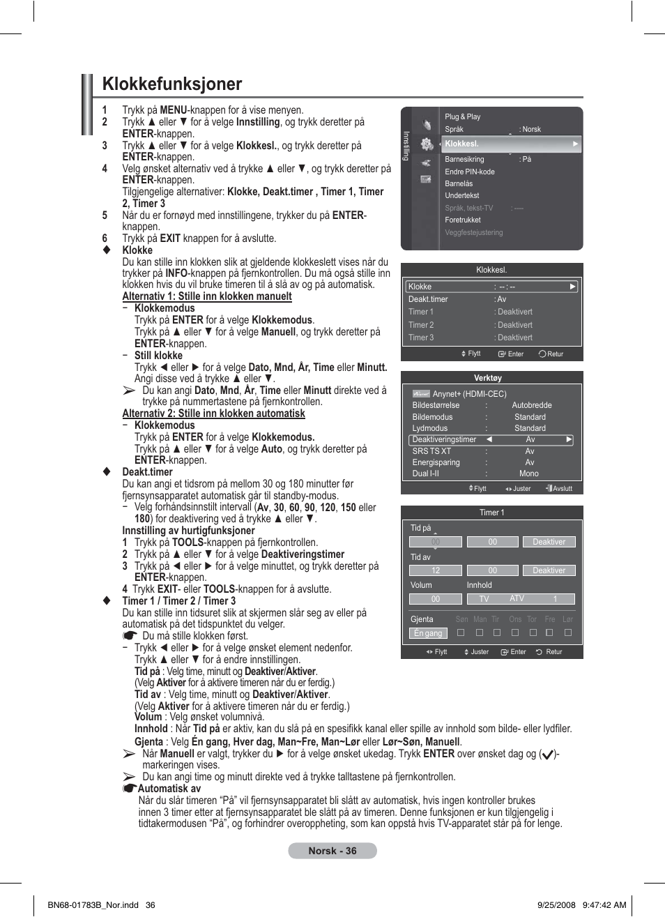 Klokkefunksjoner | Samsung BN68-01783B-00 User Manual | Page 193 / 389