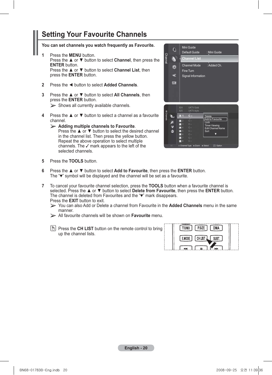 Setting your favourite channels | Samsung BN68-01783B-00 User Manual | Page 20 / 389