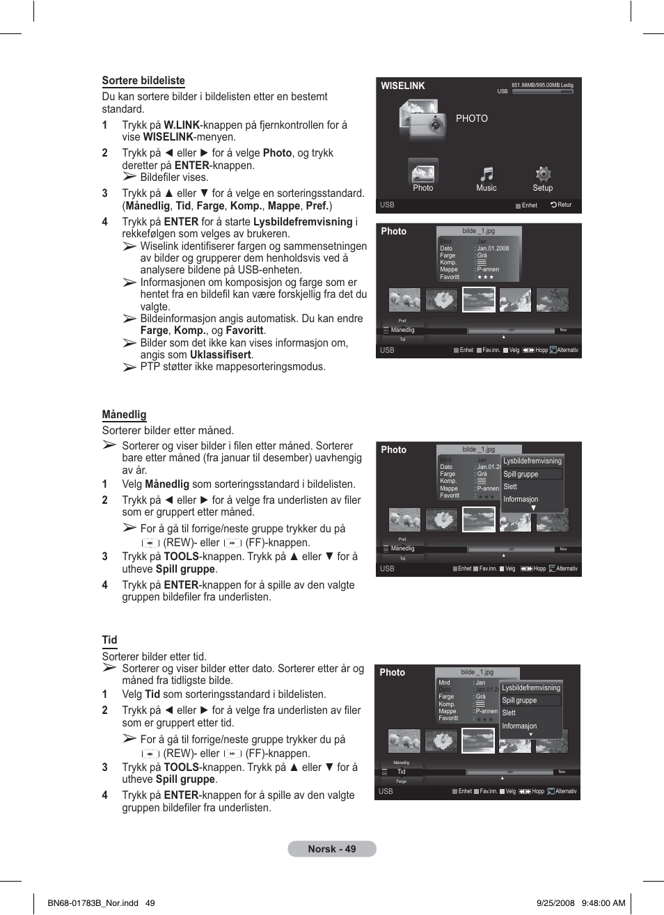 Farge , komp. , og favoritt, Angis som uklassifisert, Månedlig sorterer bilder etter måned | For å gå til forrige/neste gruppe trykker du på, Rew)- eller | Samsung BN68-01783B-00 User Manual | Page 206 / 389