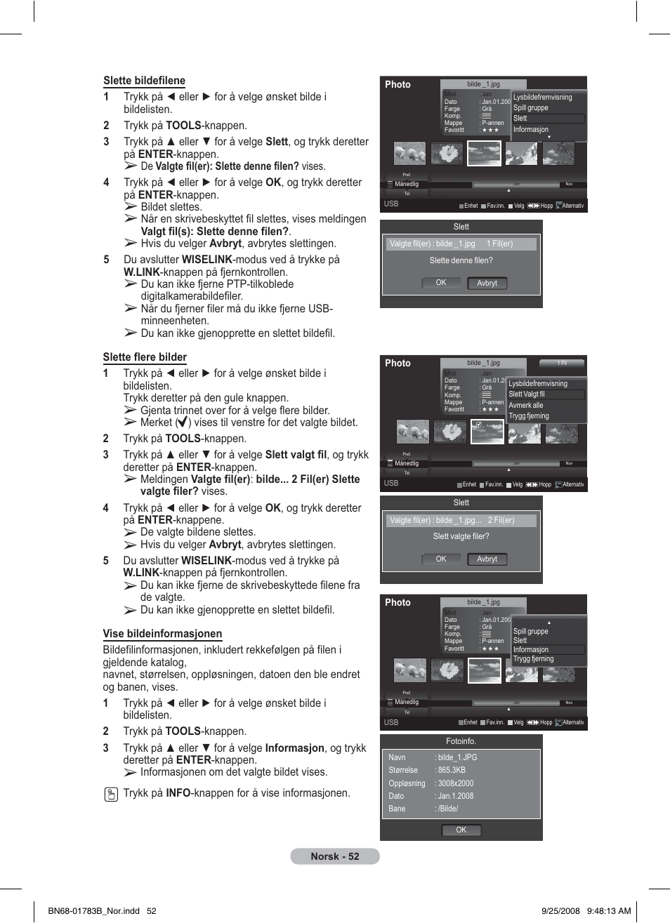 De valgte, Valgt fil(s): slette denne filen, Digitalkamerabildefiler | Minneenheten | Samsung BN68-01783B-00 User Manual | Page 209 / 389